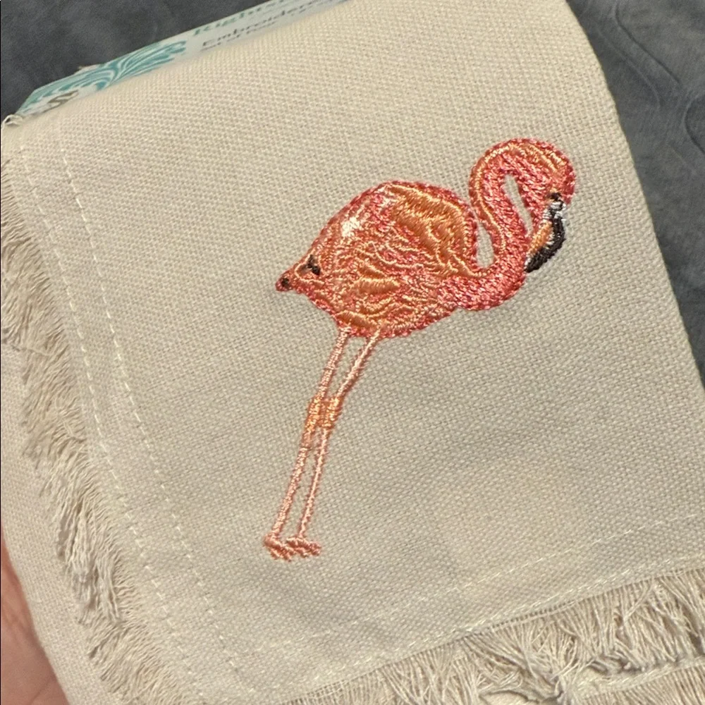 Cream Embroidered Pink Flamingo 100% Cotton Napkins Set